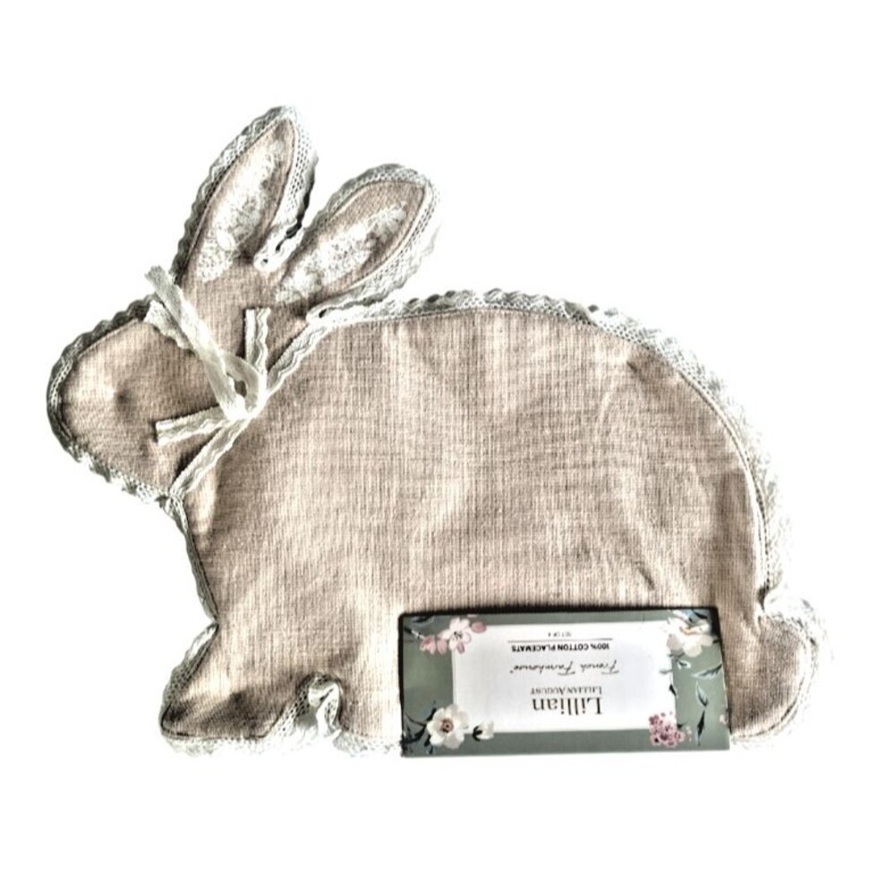 Lillian August Bunny Shaped Placemats Beige Lace Accents Kids Easter Set of 4